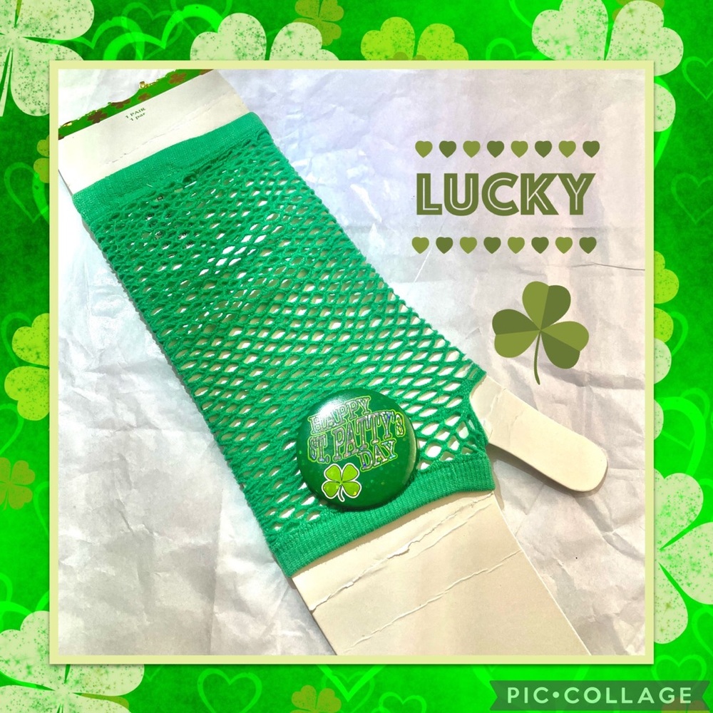 🍀 Green Fishnet Gloves and Holographic Happy St. Patty’s Day Pin